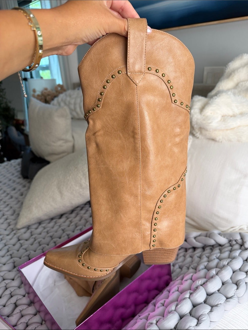 Ronilurn Tan Western-Style Studded Knee High Boot